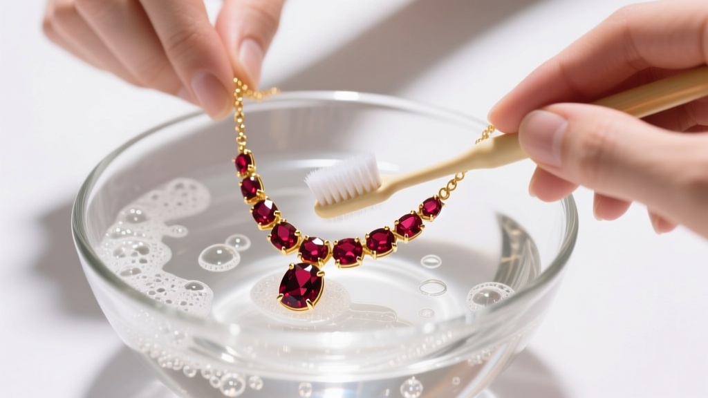 Hands gently cleaning a gold garnet necklace with a soft toothbrush in a glass bowl of soapy water under bright studio lighting.