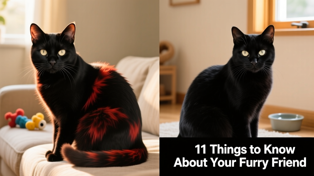 Side-by-side comparison showing a black cat with sun-bleached reddish tips on its fur next to the same cat after shedding and regrowth of deep black fur