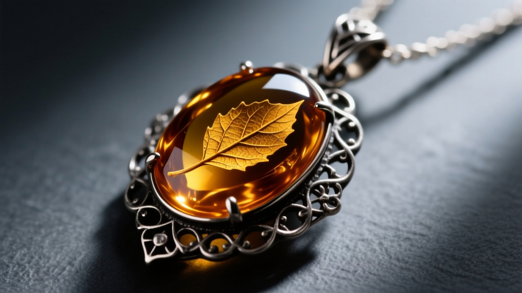 Macro shot of an Artesia amber pendant with a cognac cabochon, leaf inclusions, and oxidized silver filigree on dark slate.