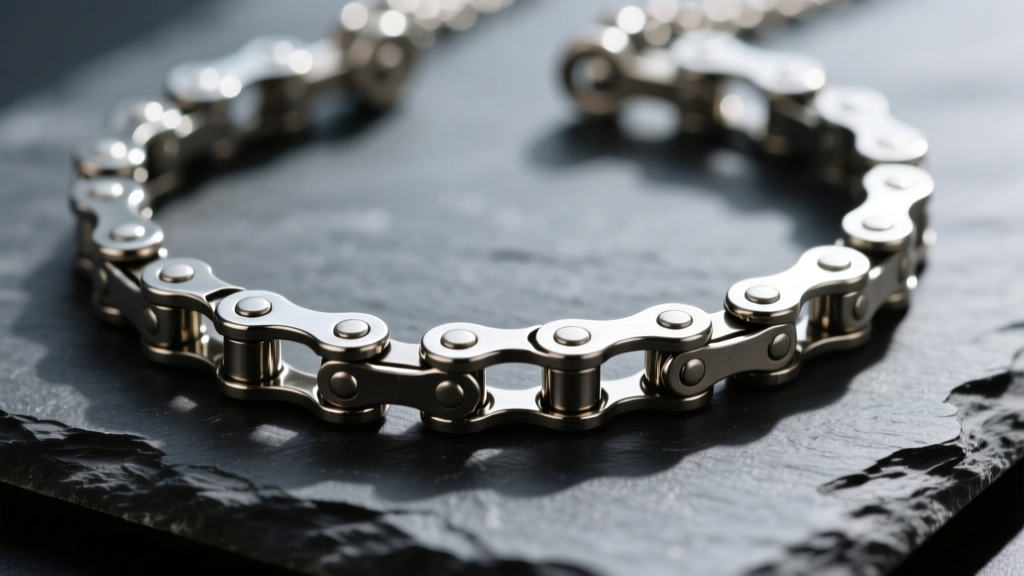 Macro shot of a polished steel bicycle chain necklace on dark slate, showing the precise half-inch link pitch and metal pins.