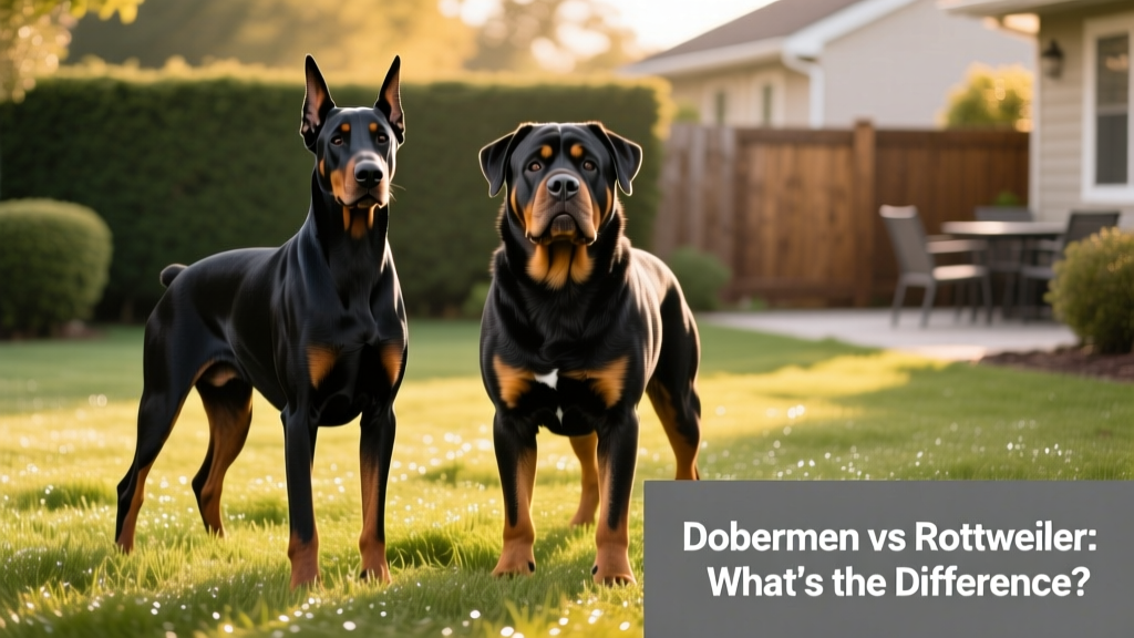 Side-by-side comparison of a sleek Doberman and a muscular Rottweiler standing confidently on grass