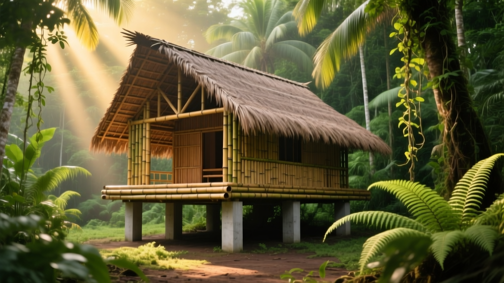 Bamboo hut with Guadua pole framing elevated on concrete piers, featuring a wide thatched roof overhang in a lush tropical forest setting