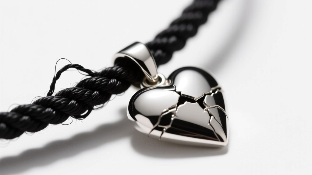 Macro shot of a frayed black waxed cotton cord on a silver hart pendant, showing broken fibers near the bail on a white backdrop.