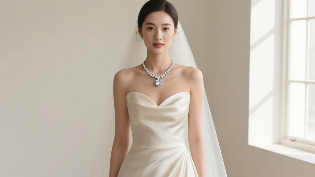 Elegant bride wearing a delicate 18-inch platinum solitaire diamond pendant necklace with a sweetheart neckline silk wedding gown.