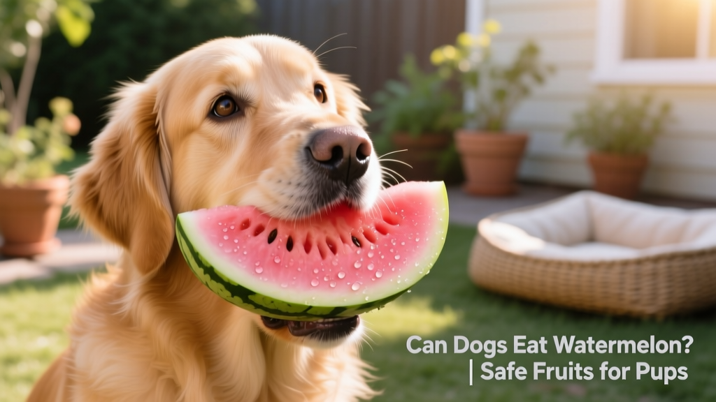 Close-up of a dog’s mouth gently holding a piece of seedless watermelon