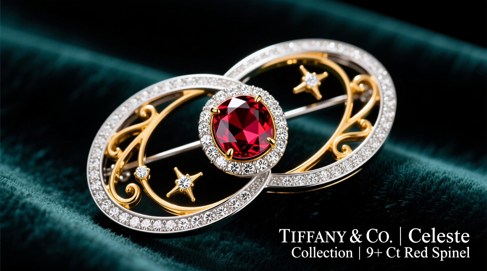 brooch in platinum and 18k yellow gold with a red spinel of over 9 carats and diamonds from blue book 2024 tiffany celeste