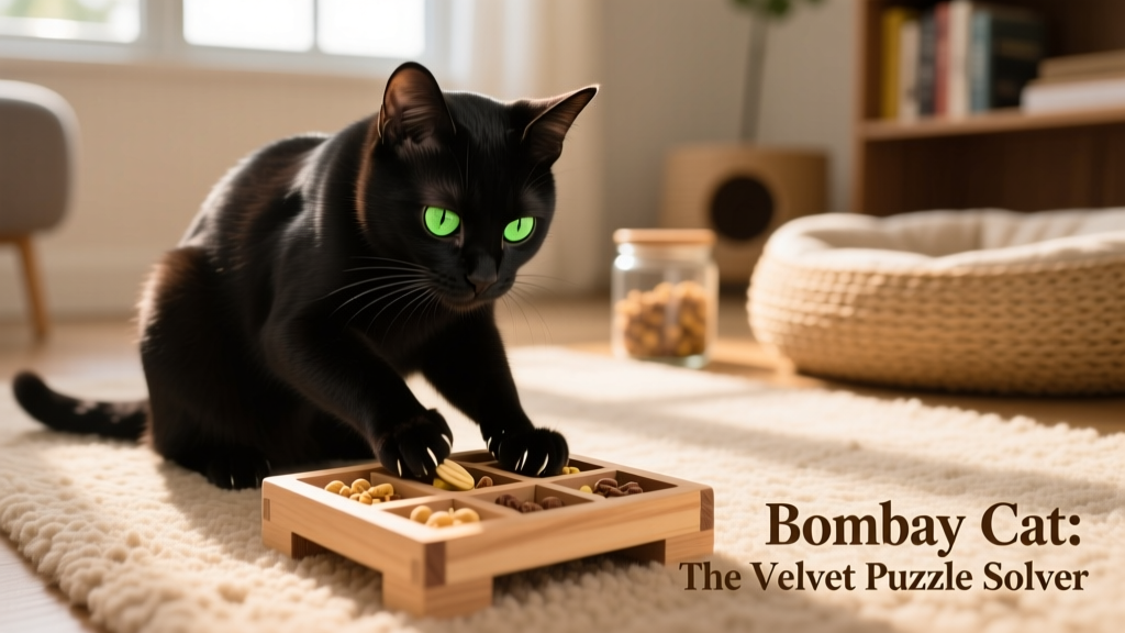 A Bombay cat playing intently with a puzzle toy filled with treats