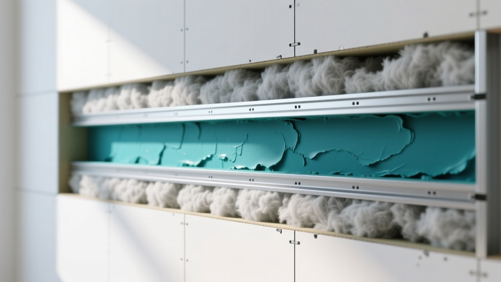 Wall cross-section showing dense mineral wool insulation, resilient channels, and double drywall layers with acoustic damping compound