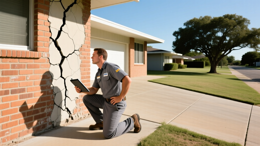 Structural engineer inspecting cracked brick facade and sloping driveway of a Dallas home during dry summer afternoon