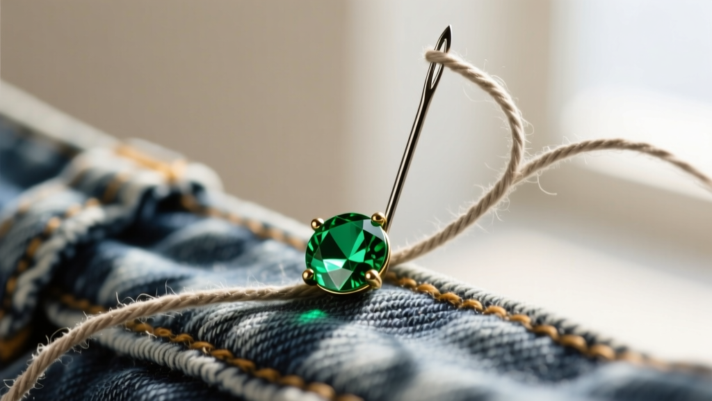 Embroidery needle piercing thick denim to secure a prong-set emerald-green glass rhinestone using heavy-duty waxed cotton thread.