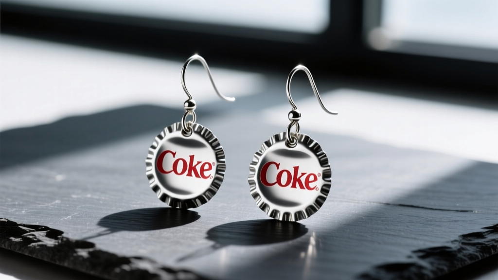 Macro photo of earrings made from silver Diet Coke soda tabs on sterling wires, resting on dark slate with dramatic side lighting.