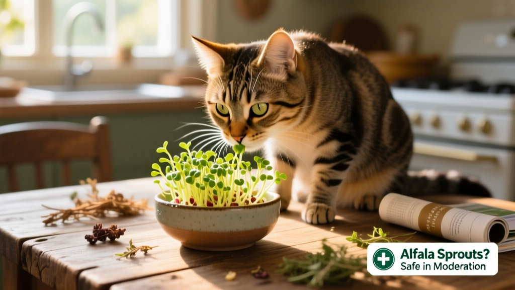 A curious cat gently sniffing a small bowl of fresh alfalfa sprouts
