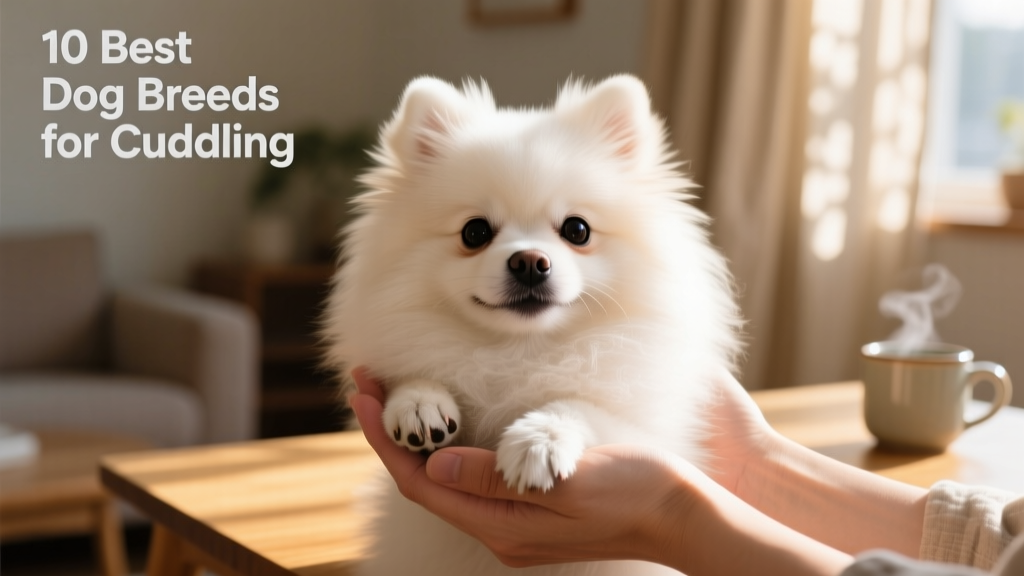 A fluffy Pomeranian nestled in a person's hands, looking content and alert