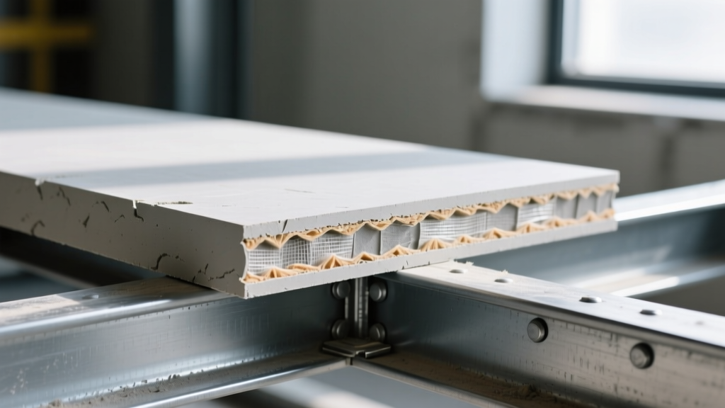 Close-up cross-section of a 5/8 inch thick Type X fire-rated gypsum board core with tapered edges resting on steel framing studs.