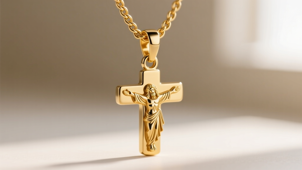 Extreme close-up of an 18-gauge soldered jump ring connecting a gold rope chain to the loop bail of a solid Jesus pendant.