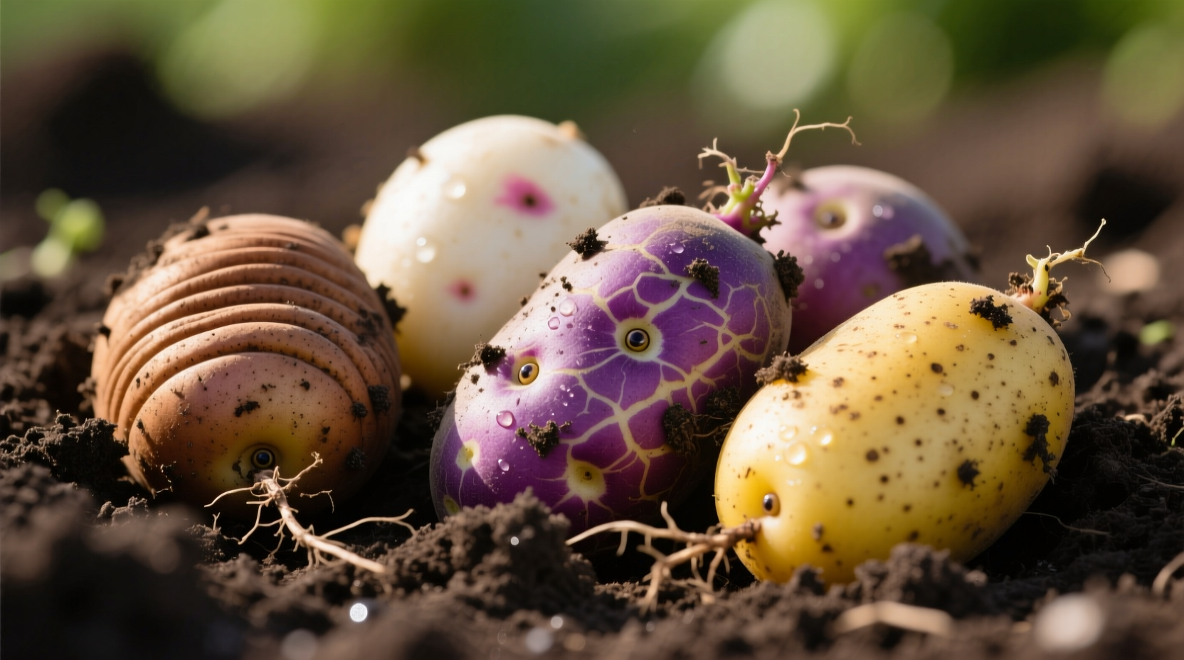 Close-up of different potato varieties on soil