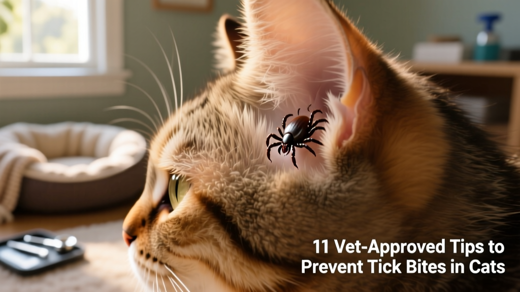 Close-up of a tick on a cat's ear, showing its mouthparts embedded in skin