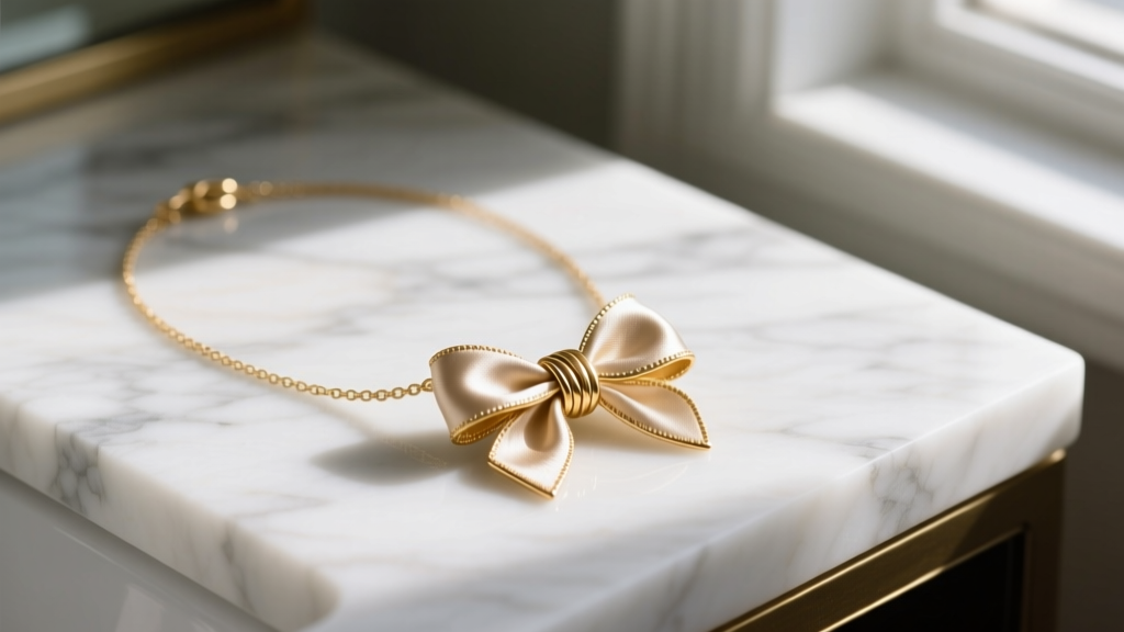 Close-up of a 14k gold-plated brass Sandy Liang necklace with a silk bow pendant resting on a white marble vanity surface.