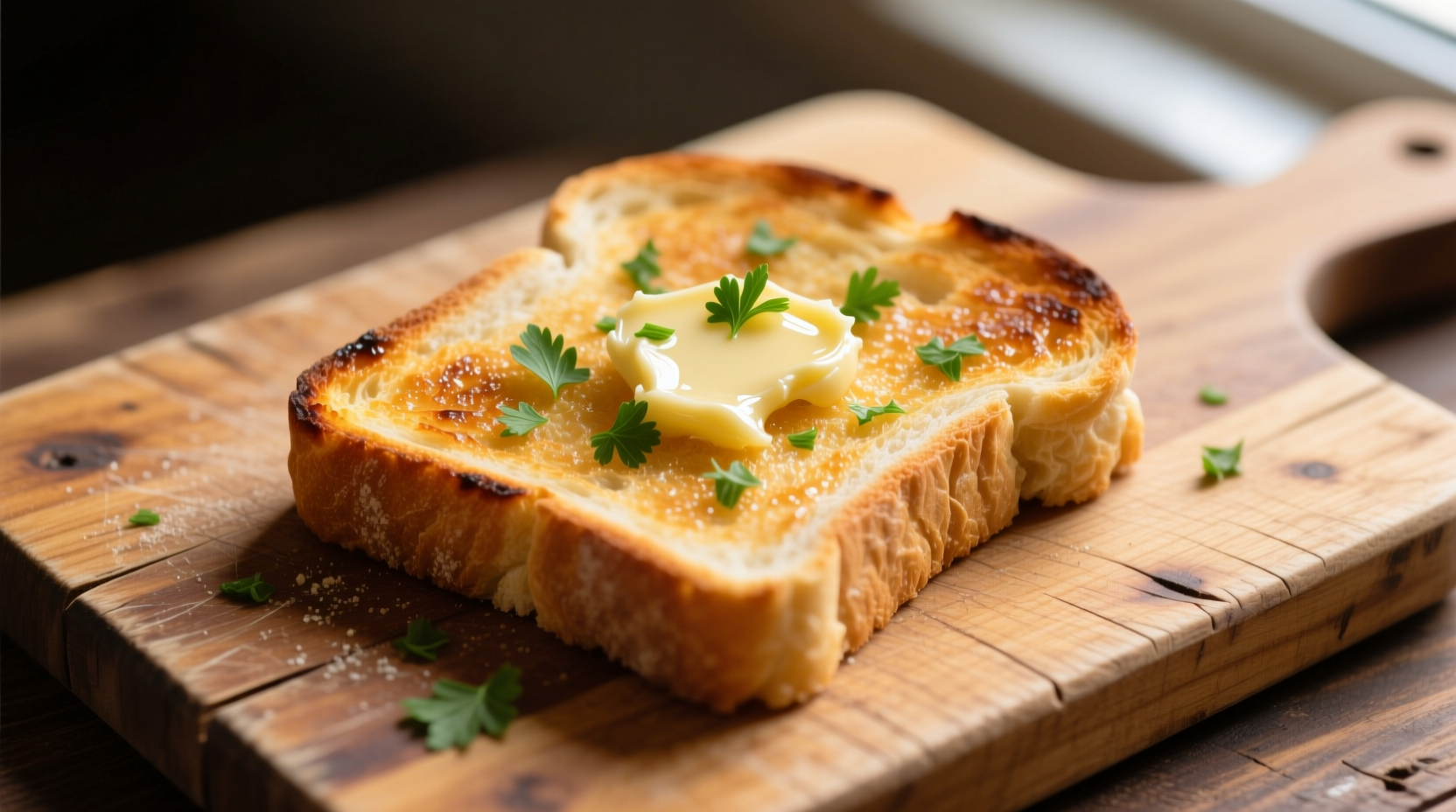 Perfect golden garlic toast on wooden cutting board