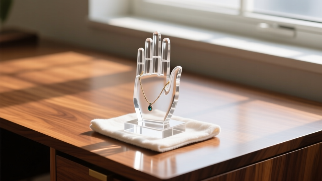 Clear acrylic hand jewelry holder on a wooden desk, polished with a cotton flannel cloth and a specialized plastic cleaning spray