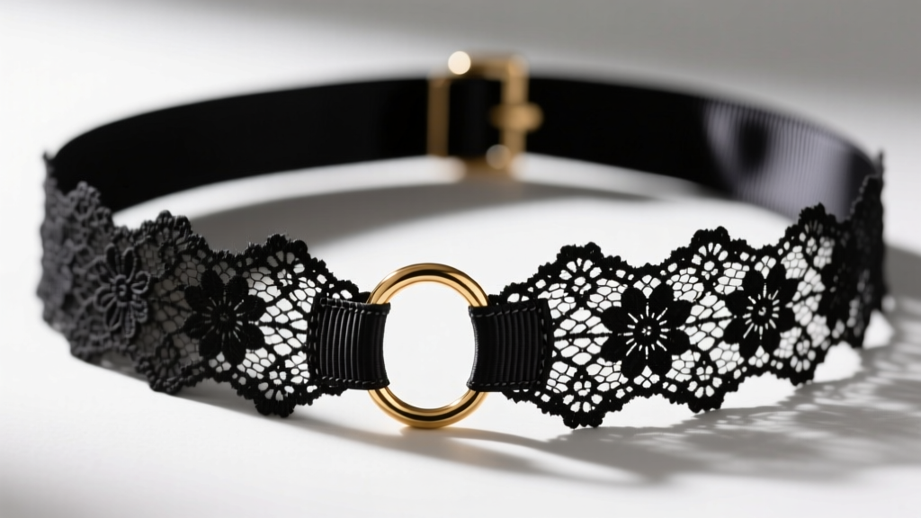 Macro shot of black floral Guipure lace choker backed by grosgrain ribbon, showing reinforced stitching near a brass O-ring.