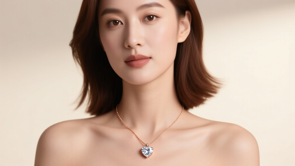 Woman wearing a 14k rose gold Valentine necklace with a heart-shaped lab-grown diamond pendant under soft studio lighting.