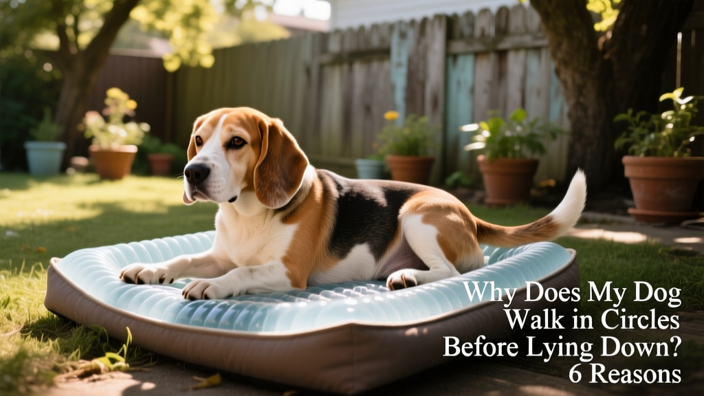 A senior beagle slowly circling on a cooling gel dog bed in summer sunlight