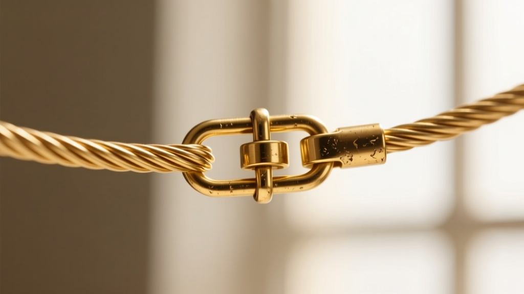 Macro photography of a delicate 0.9mm gold-plated brass cable chain passing through a friction slide clasp showing slight wear.