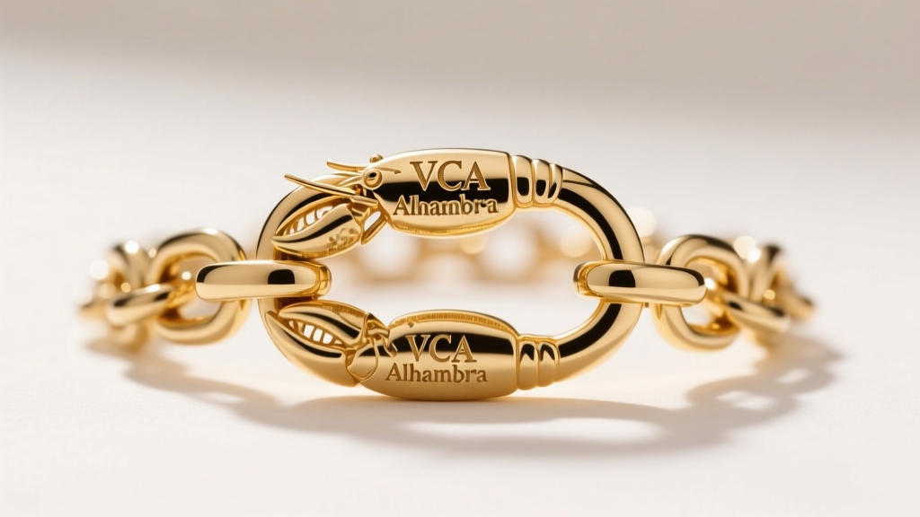 Macro shot of a VCA Alhambra lobster clasp and hallmark engraving on an 18k gold adjustment chain link, sharply focused.