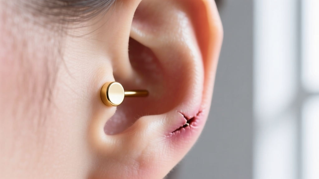 Macro photo of a healed earlobe piercing with a 14k gold flat-back labret, showing healthy skin tissue around the fistula opening.