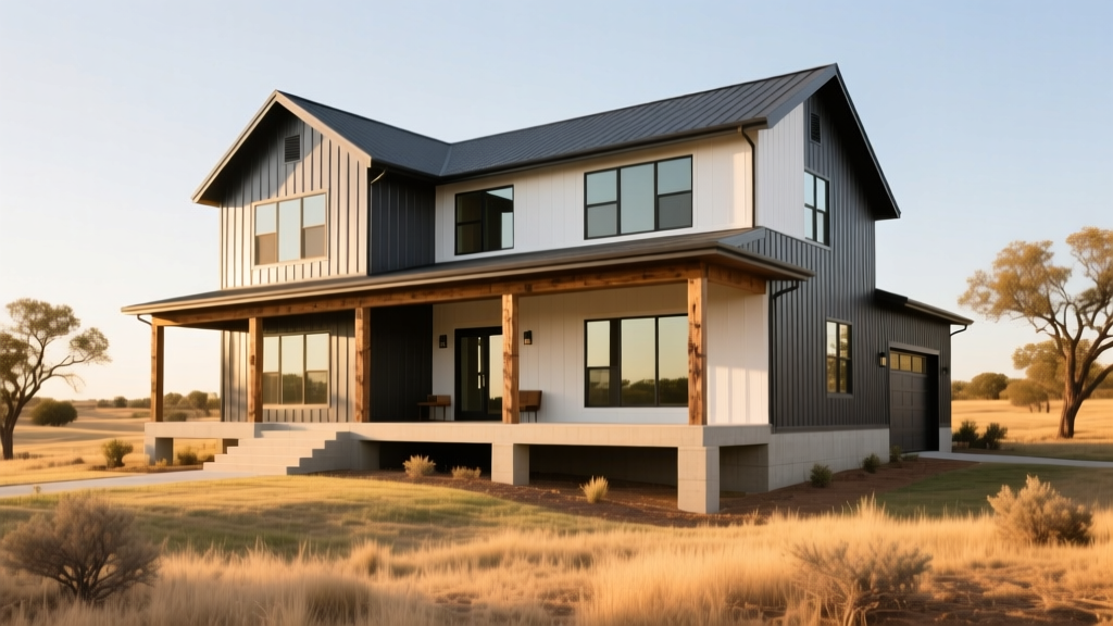 Completed two-story Texas barndominium with a wrap-around porch, standing on a reinforced concrete slab surrounded by cleared acreage