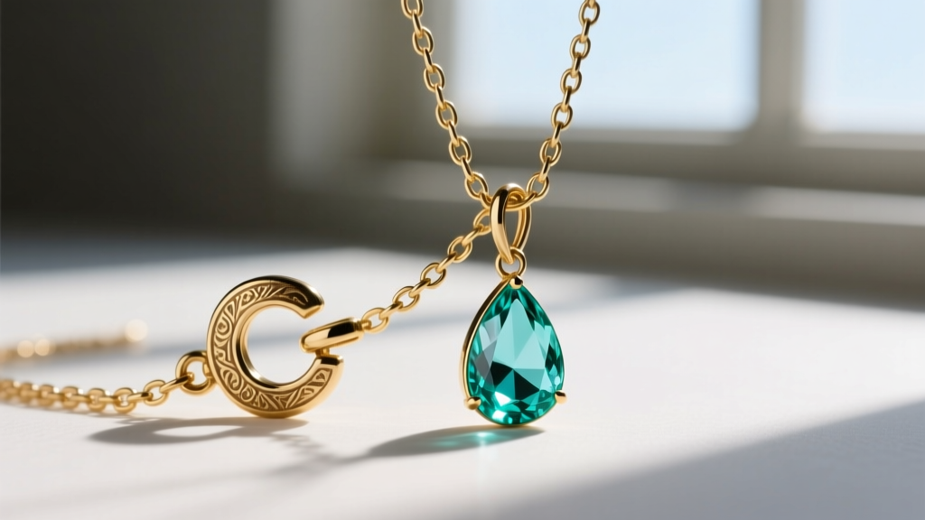 Extreme close-up of an antique C-clasp and jump ring on a delicate 14k gold belcher chain attached to an aquamarine drop necklace.