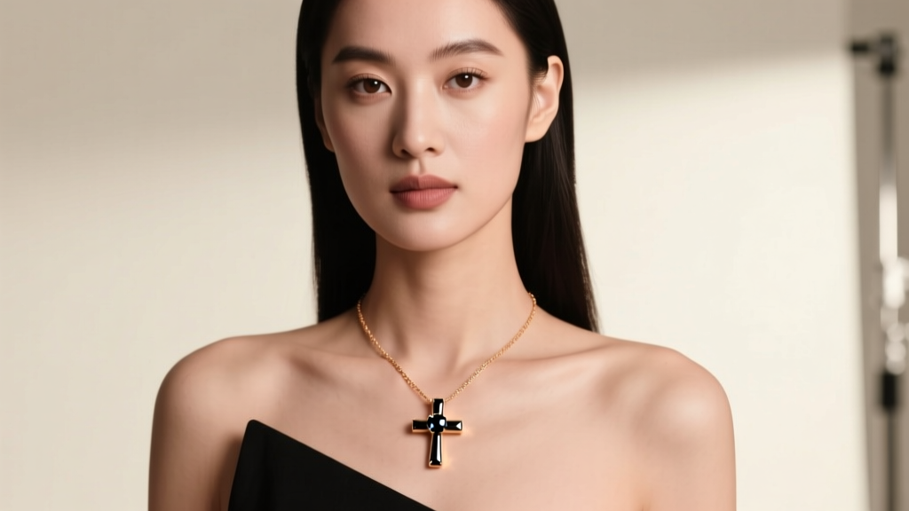 Elegant woman wearing an asymmetrical 14k rose gold cross necklace with a single bezel-set black diamond, soft studio lighting.