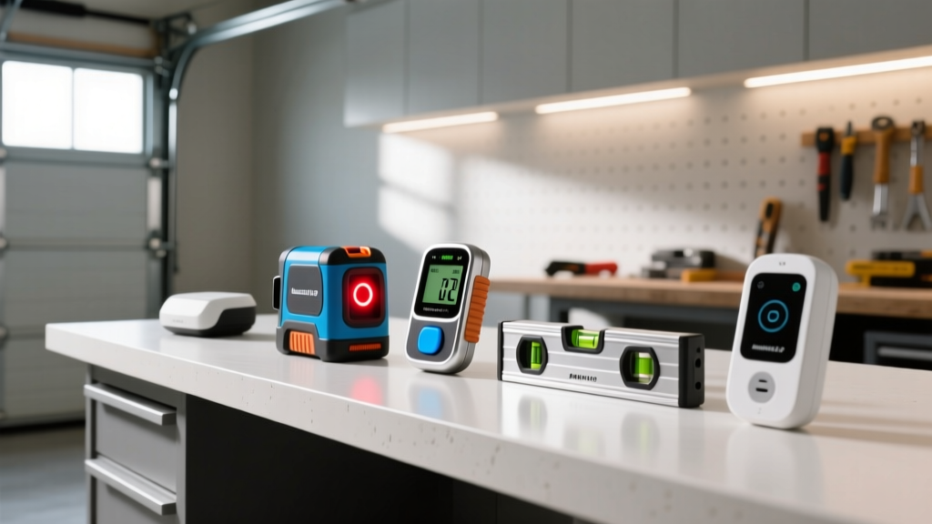 A modern garage workbench featuring a lineup of smart home improvement gadgets including a laser measure and digital stud finder.