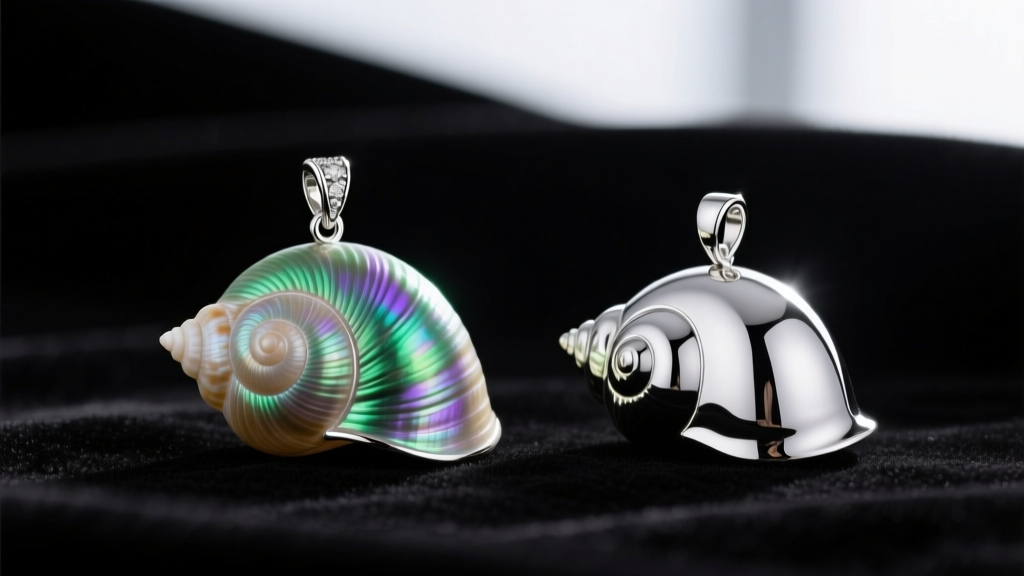 Macro shot comparing a natural iridescent sea snail shell pendant with a polished 925 sterling silver cast replica on dark velvet.
