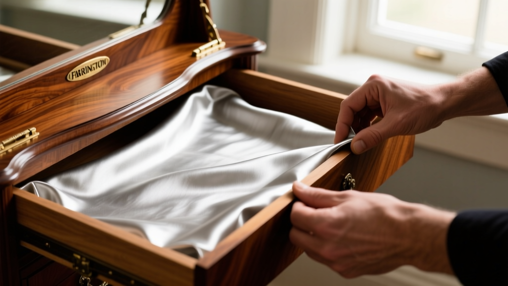 Hands installing acid-free Pacific Silvercloth lining into the lower drawer of a vintage mahogany Farrington valet jewelry box