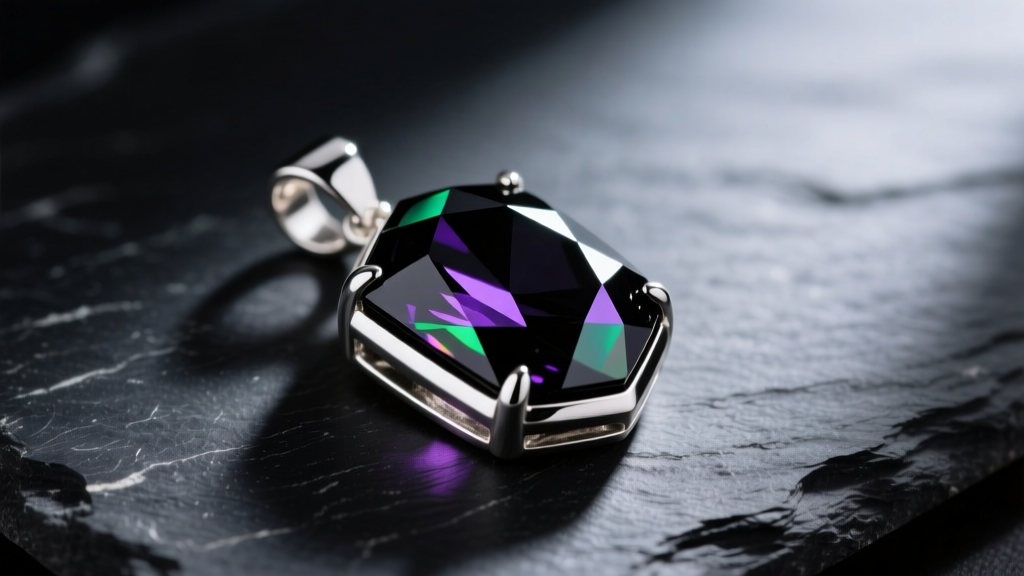 Macro shot of a faceted black obsidian pendant in a sterling silver bezel setting resting on dark slate, moody light
