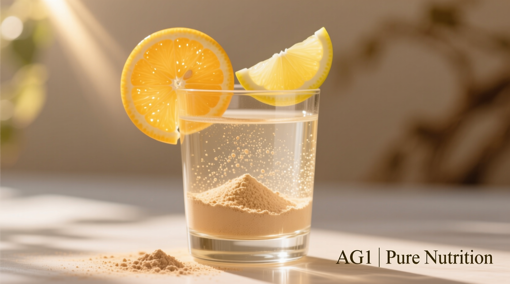 AG1 powder mixed in glass with fresh citrus garnish