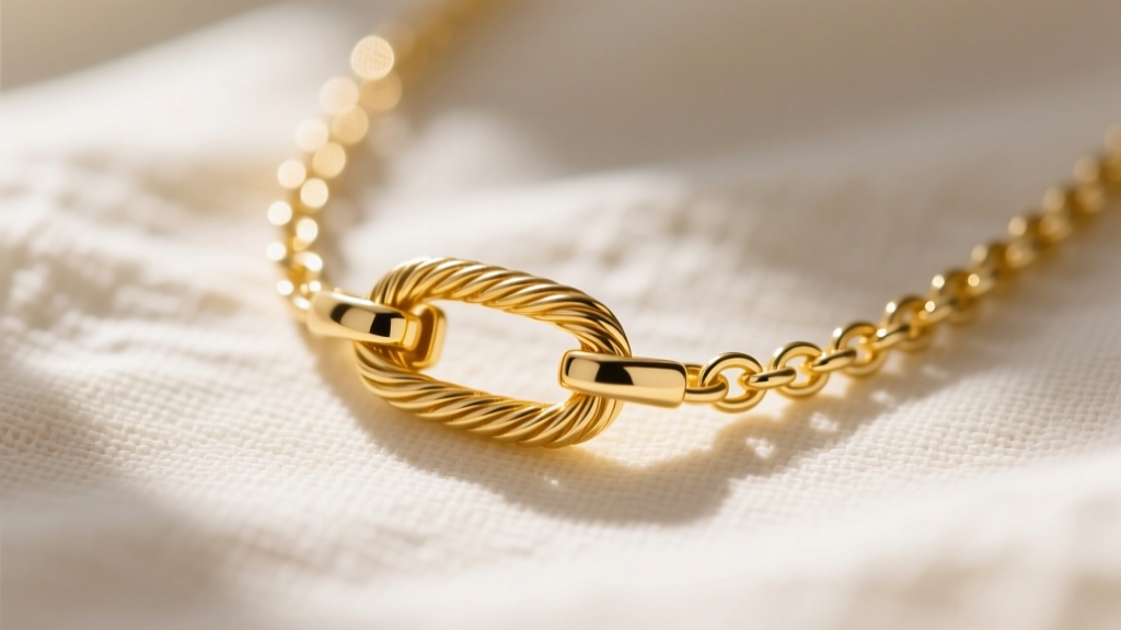 Macro shot of a 1.2mm cable chain necklace clasp in 18k yellow gold, resting on a linen fabric background with natural sunlight