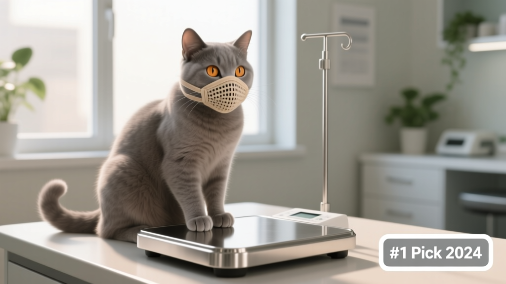 A calm, relaxed cat wearing a soft nylon muzzle while sitting beside a veterinarian’s scale