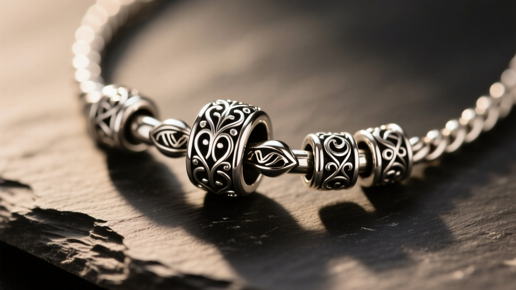 Macro close-up of a sterling silver Trollbeads changeable fantasy necklace barrel clasp resting on a dark textured slate surface.