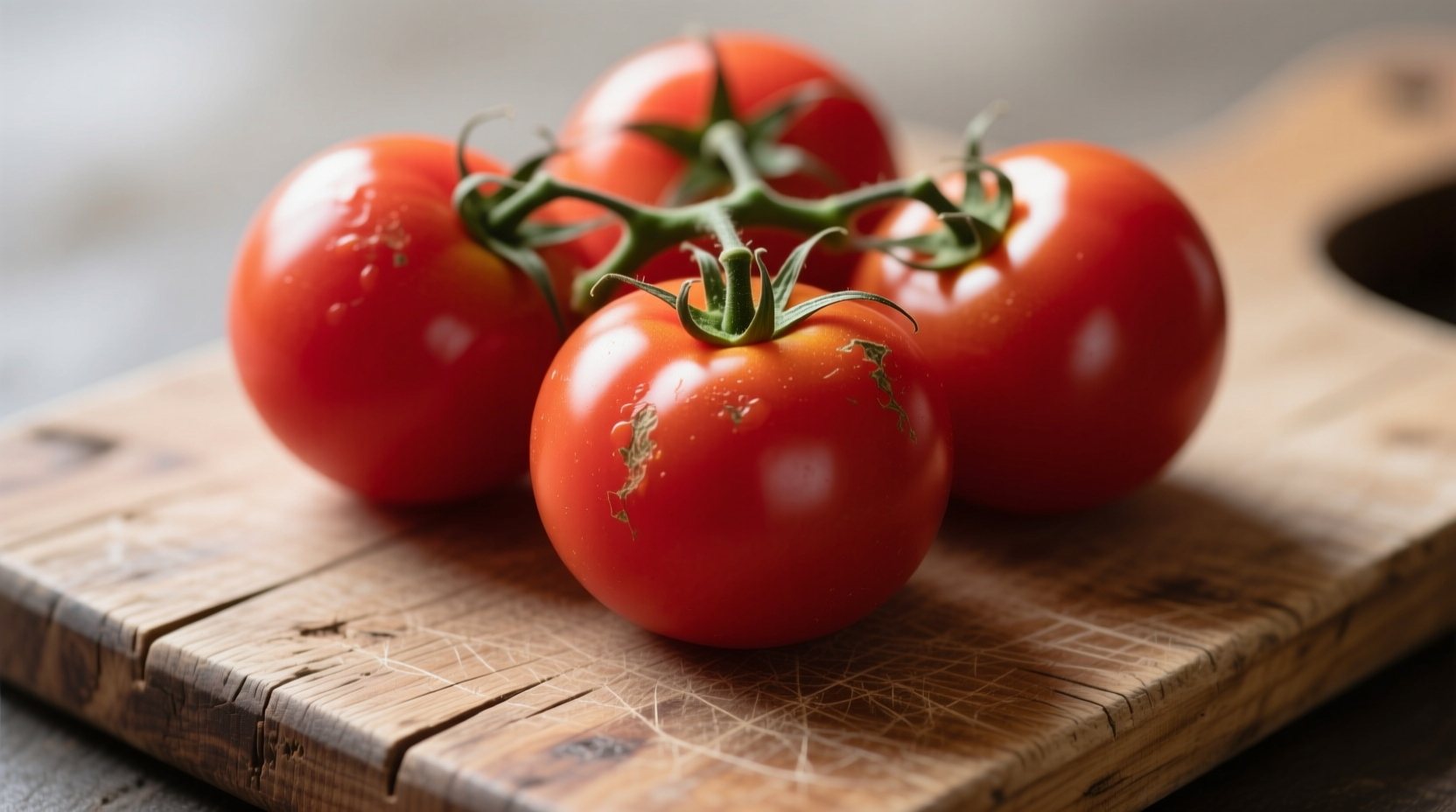 Tomatoes stored stem-side down on wooden cutting board