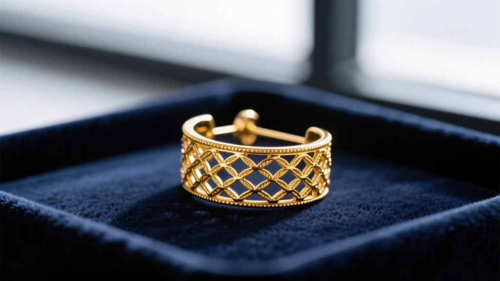 Macro shot of a pure 24k gold filigree earring resting on dark navy velvet, showcasing its rich, warm yellow metallic luster