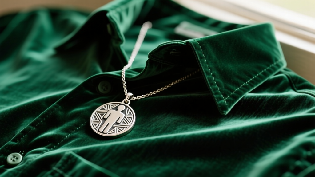 Close-up of a polished 925 sterling silver male symbol medallion necklace resting on a crushed velvet retro 1970s style shirt.
