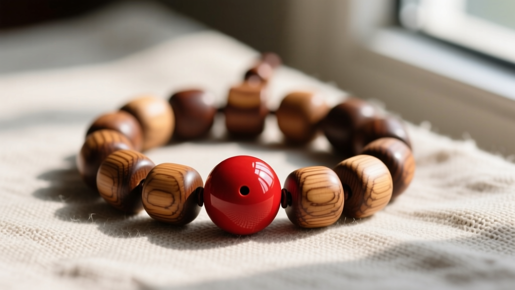 Macro shot of handmade wooden subjugation beads with a red magatama accent, laid flat on textured linen in natural sunlight.