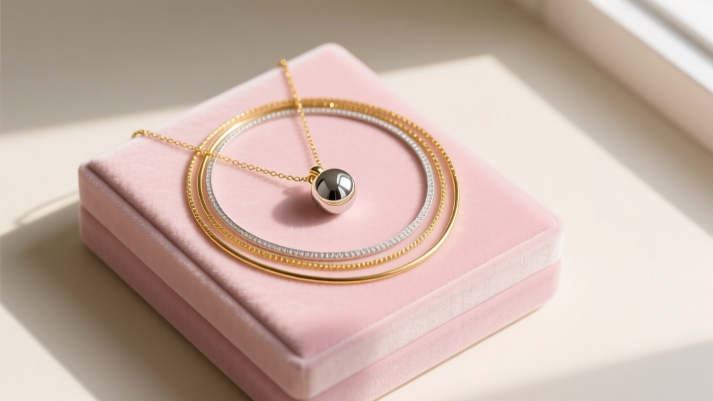 Flat lay of delicate 14k gold layered necklaces and a silver orb pendant on a pastel pink velvet box, soft natural window lighting.