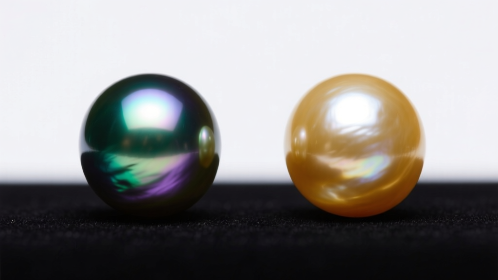 Side-by-side gemological comparison of a peacock Tahitian pearl and golden South Sea pearl under direct, cool-toned LED lighting.