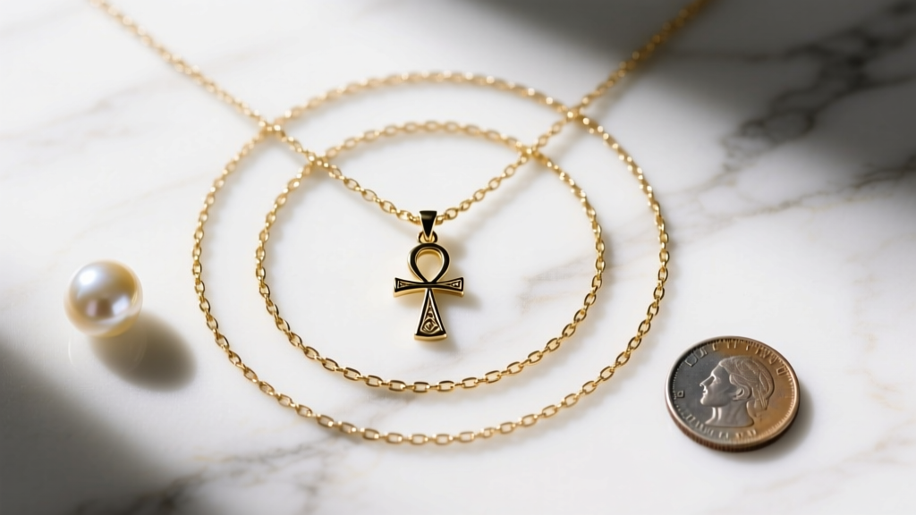 Overhead flat lay of three layered gold chains with a small ankh pendant, a pearl, and a coin, arranged on white marble.