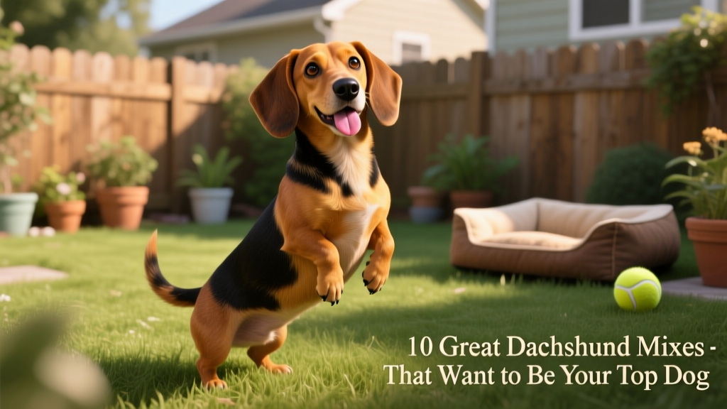 brown beagle dachshund mix with a dachshund body standing with its tongue out