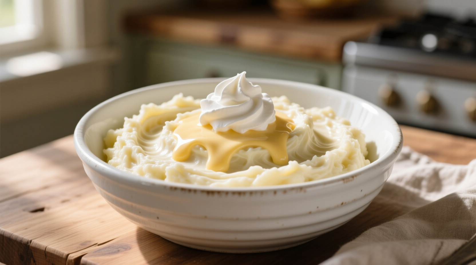 Creamy mashed potatoes with cream cheese in white bowl